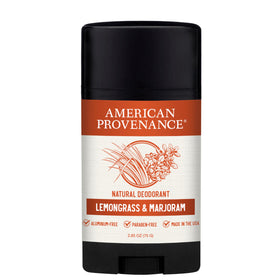American Provenance all-natural deodorant bottle showing lemongrass and marjoram for long-lasting freshness.