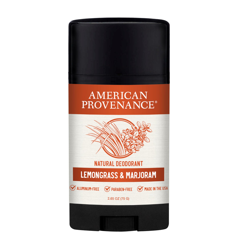 American Provenance all-natural deodorant bottle showing lemongrass and marjoram for long-lasting freshness.