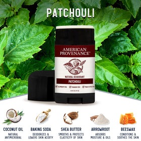 American Provenance patchouli deodorant cruelty-free badge highlights ethical appeal.
