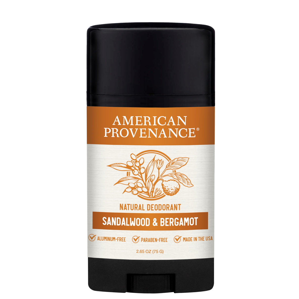 American Provenance deodorant jar with sandalwood and bergamot scent for all-day freshness.