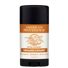 American Provenance deodorant jar with sandalwood and bergamot scent for all-day freshness.