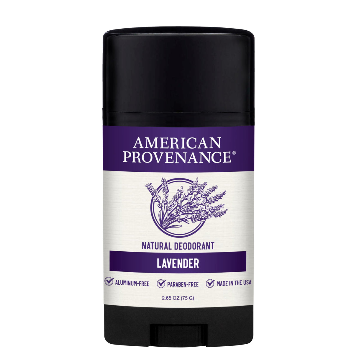 American Provenance lavender deodorant bottle offers aluminum-free protection for all-day freshness.