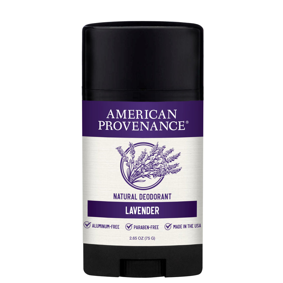 American Provenance lavender deodorant bottle offers aluminum-free protection for all-day freshness.