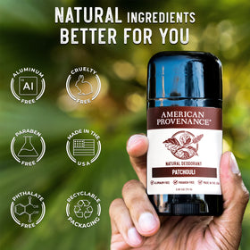 American Provenance patchouli deodorant made-in-usa label emphasizes quality origin.