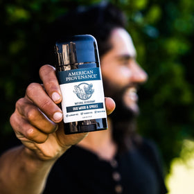 American Provenance Oud Wood Spruce deodorant application image showing smooth glide and long-lasting freshness.