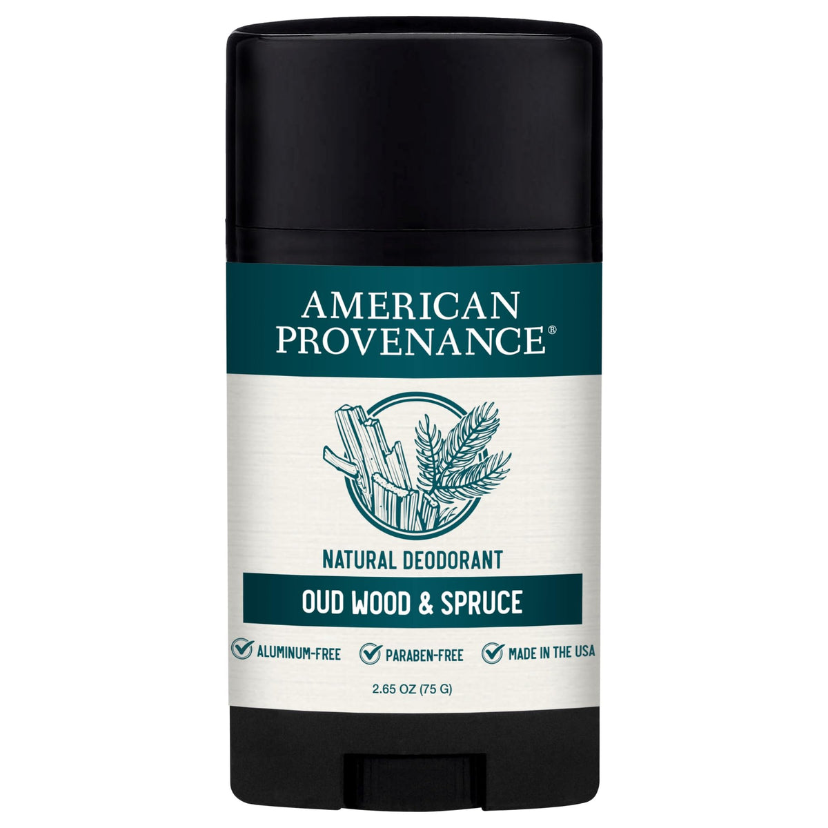 American Provenance Oud Wood Spruce deodorant bottle front offering unisex use and odor protection.