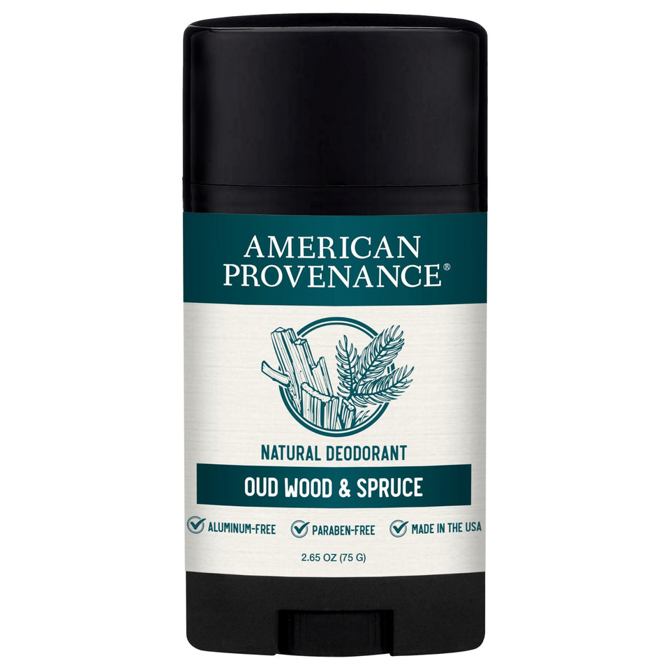 American Provenance Oud Wood Spruce deodorant bottle front offering unisex use and odor protection.