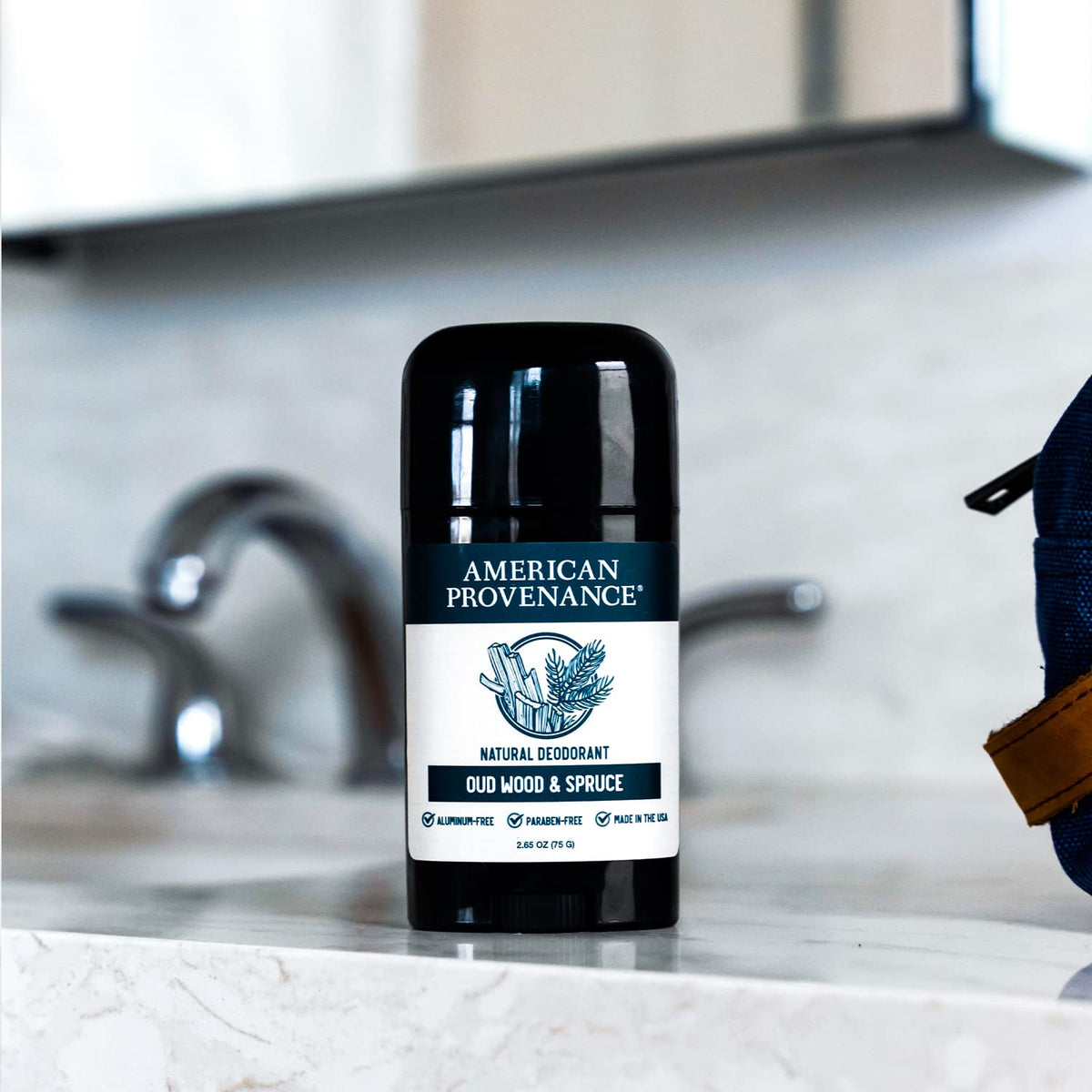 American Provenance Oud Wood Spruce deodorant packaging displays USA-made cruelty-free branding.