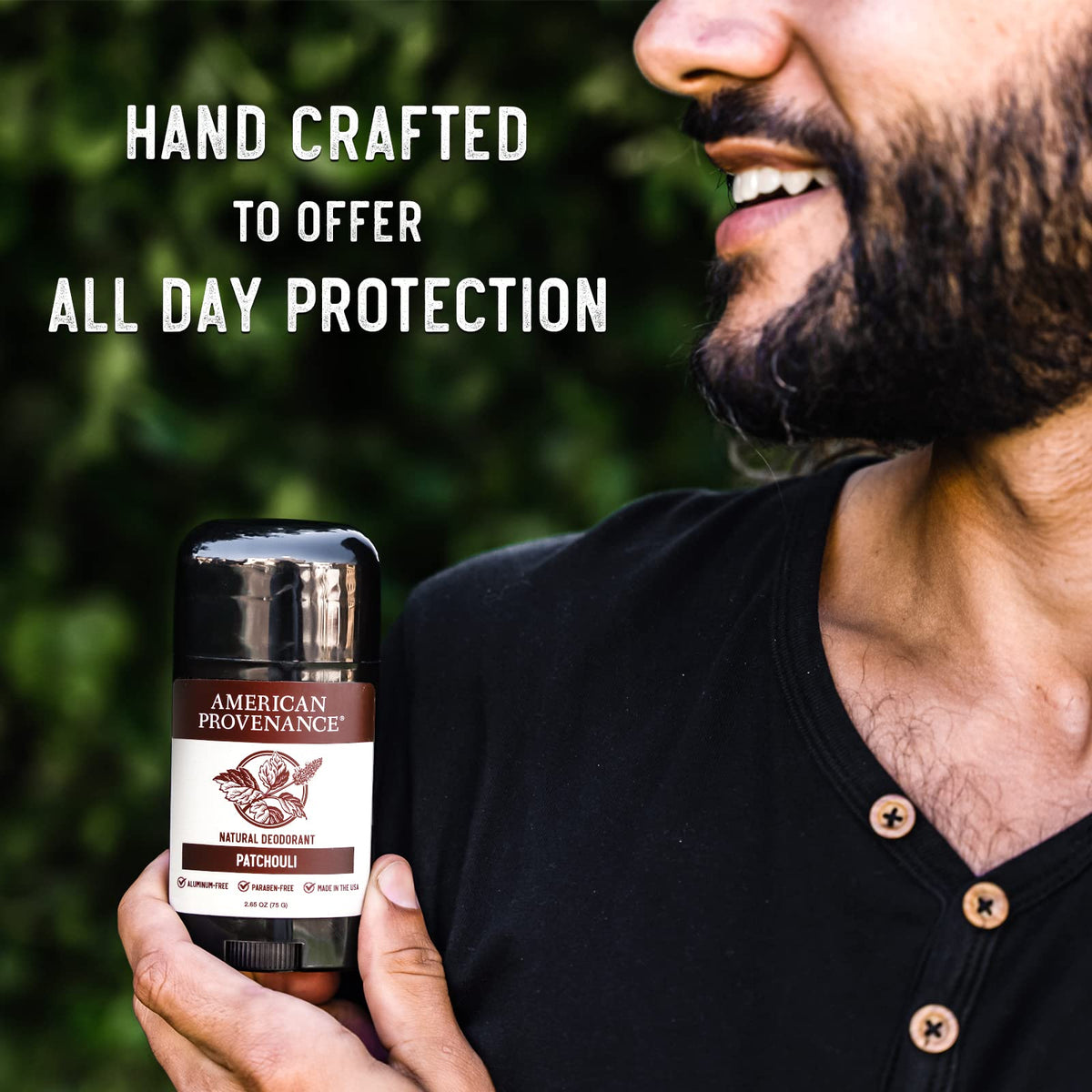 American Provenance patchouli deodorant packaging front communicates natural, aluminum-free formula.
