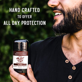 American Provenance patchouli deodorant packaging front communicates natural, aluminum-free formula.