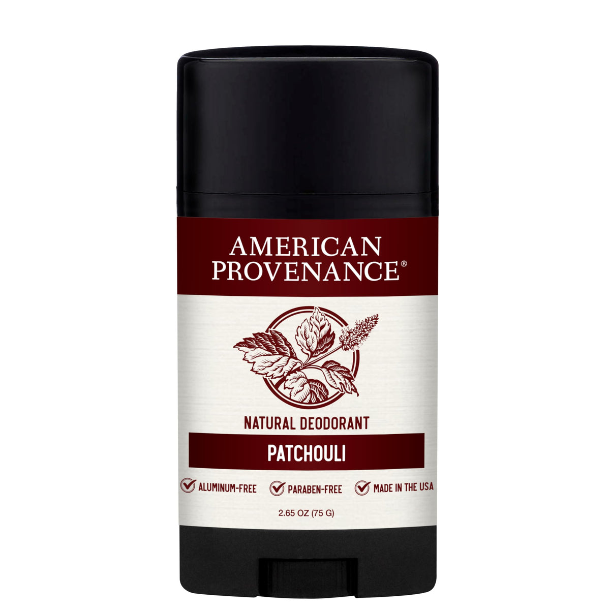 American Provenance patchouli deodorant stick close-up for all-day freshness.
