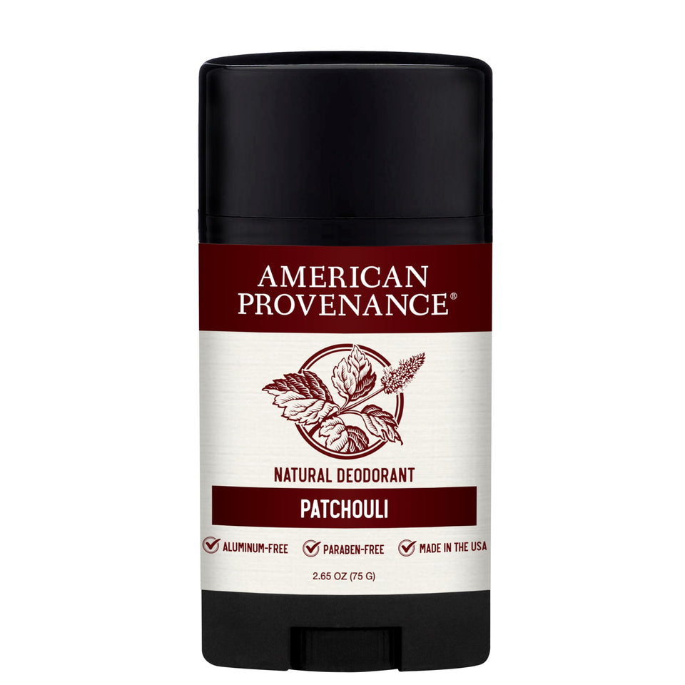 American Provenance patchouli deodorant stick close-up for all-day freshness.