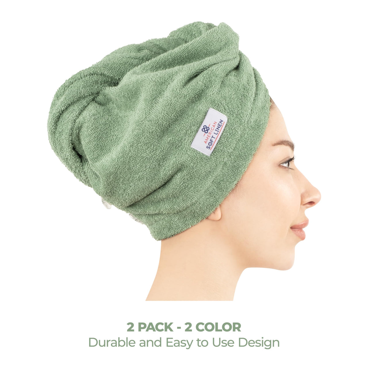 Adjustable two-button cap by American Soft Linen fits securely during hair drying.