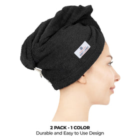 American Soft Linen cotton turban wrap in black for gentle frizz-conscious drying