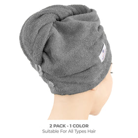 American Soft Linen cotton turban wrap on long curly hair for gentle drying.