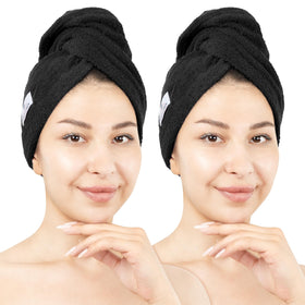 American Soft Linen hair towel cap in black with adjustable two-button fit