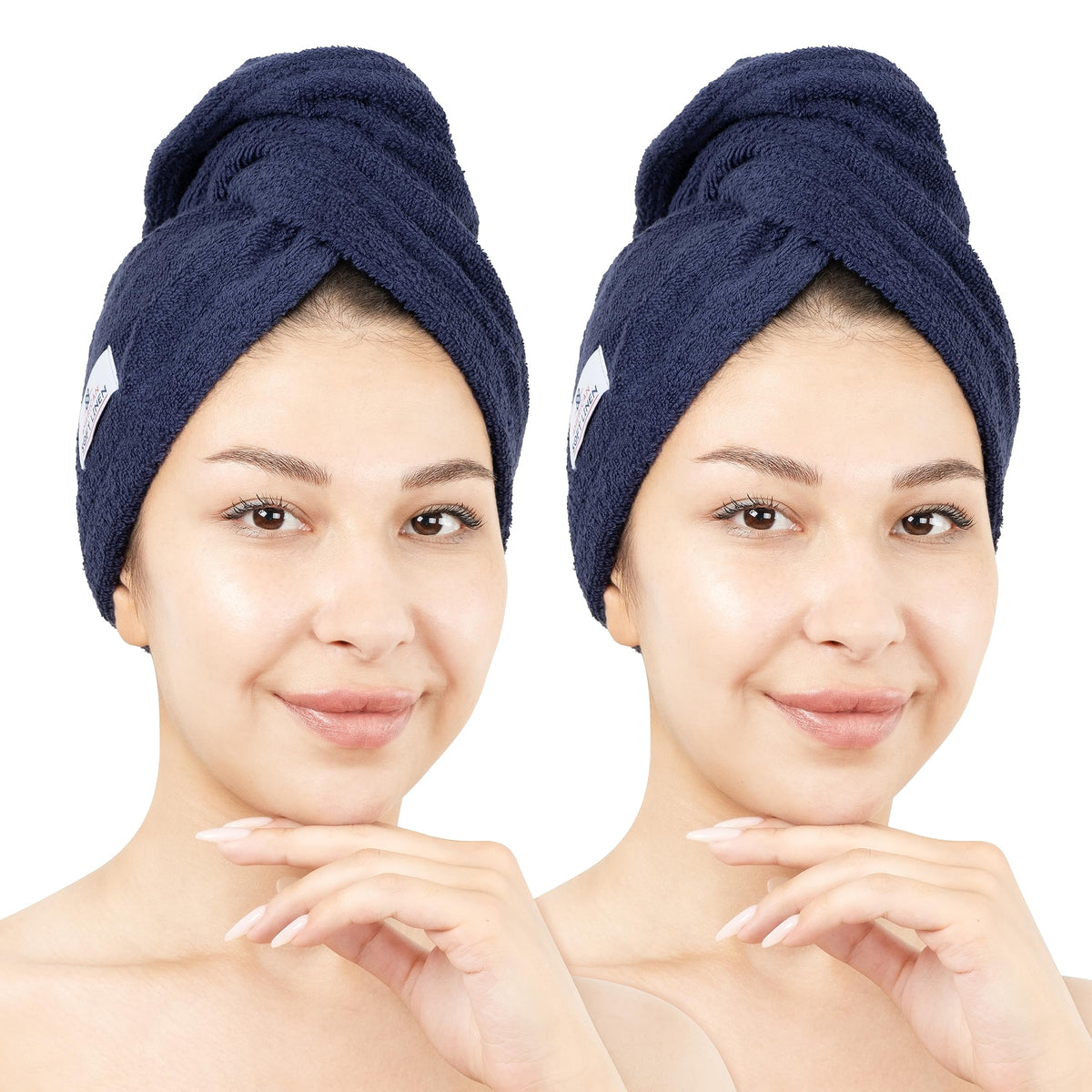 American Soft Linen navy hair towel cap securely fits for gentle drying.