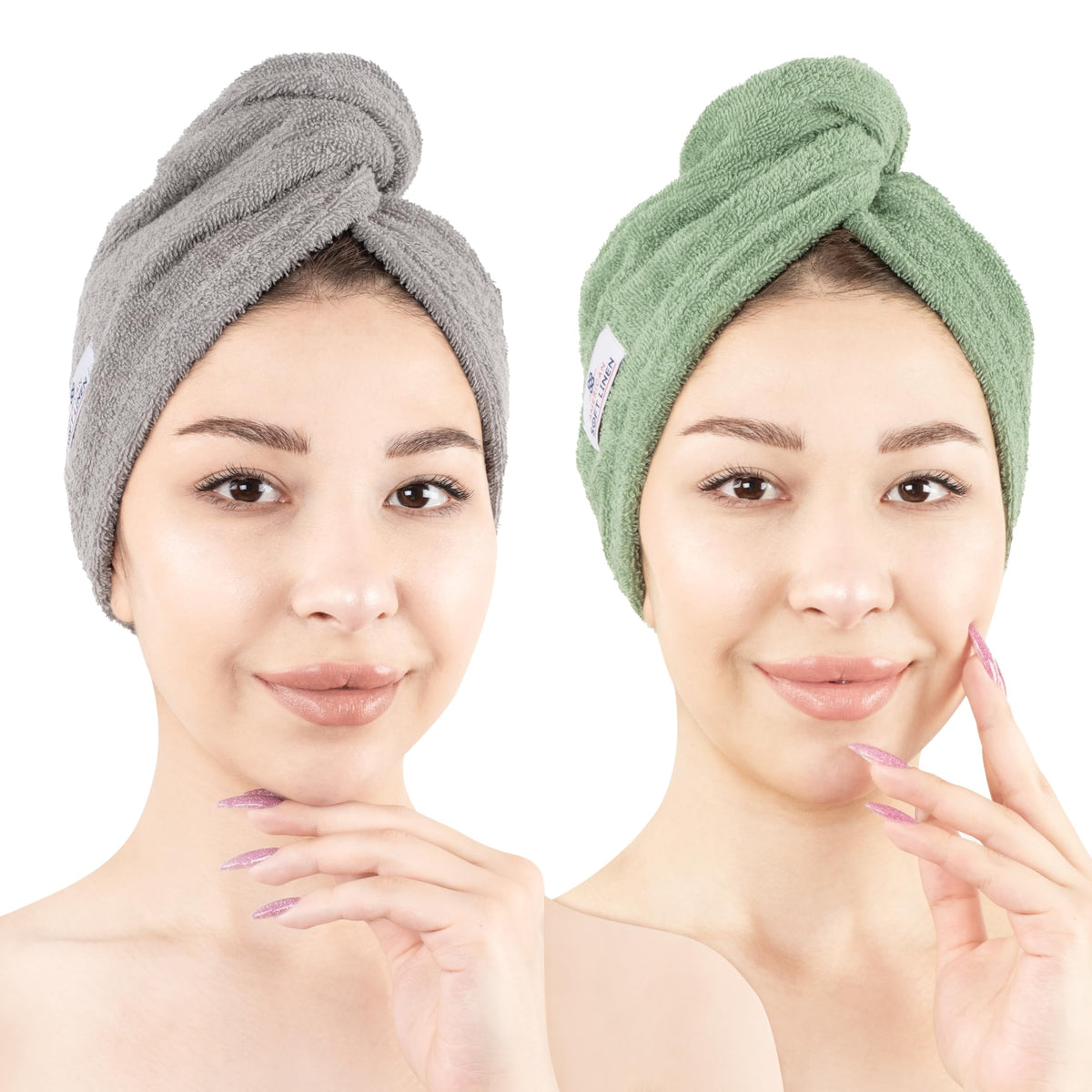 American Soft Linen hair towel cap in sage green for secure, comfortable drying.