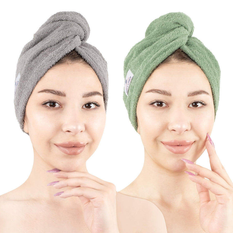 American Soft Linen hair towel cap in sage green for secure, comfortable drying.