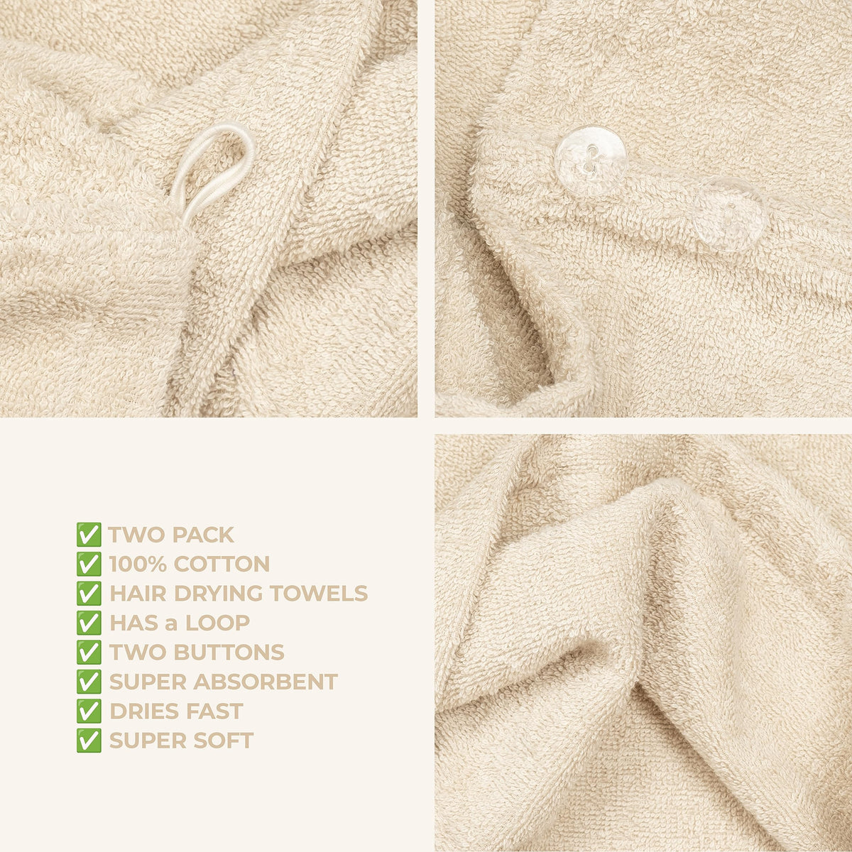 Towel measures 26 by 10 inches for long hair with American Soft Linen