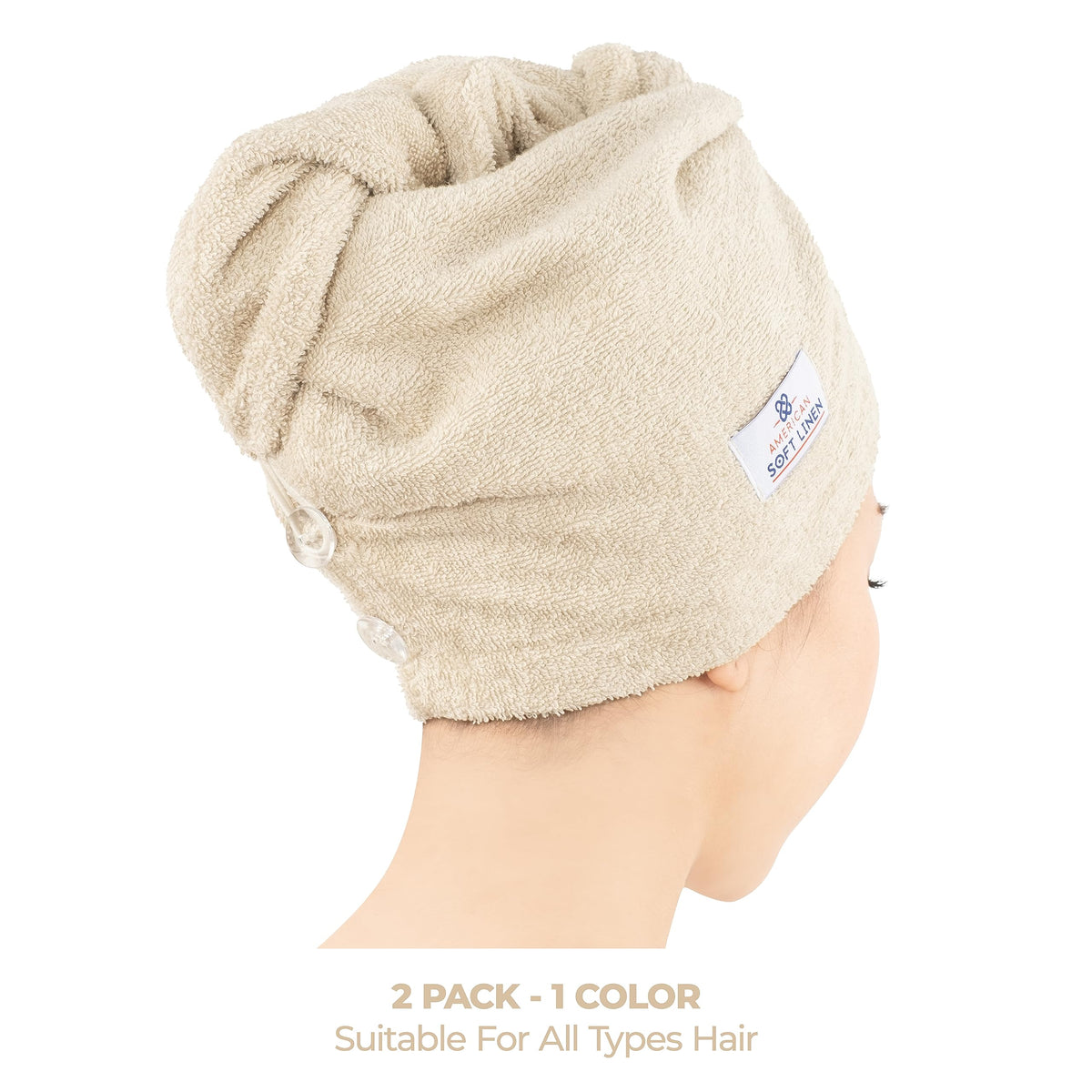 Model wearing American Soft Linen head towel cap in beige for curly hair
