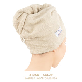 Model wearing American Soft Linen head towel cap in beige for curly hair