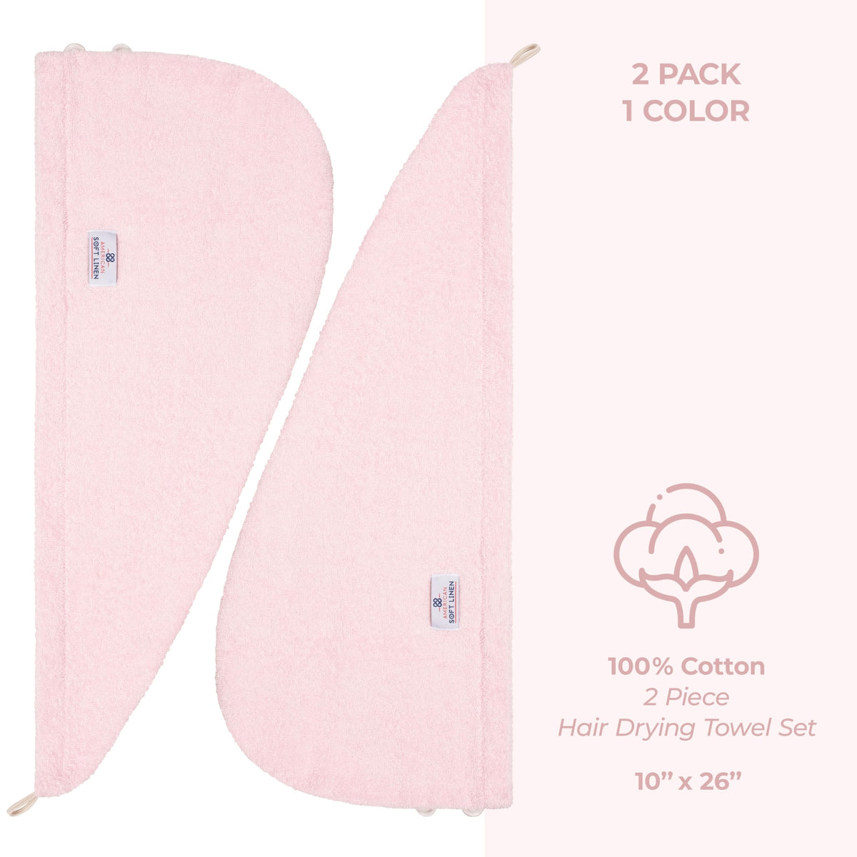 Two-button adjustable closure demonstrated on the pink towel cap.
