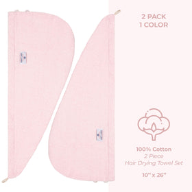 Two-button adjustable closure demonstrated on the pink towel cap.
