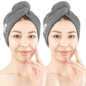 American Soft Linen hair towels 2-pack in dark gray for quicker drying.
