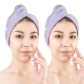 American Soft Linen lilac hooded cap towel drying long curly hair gently