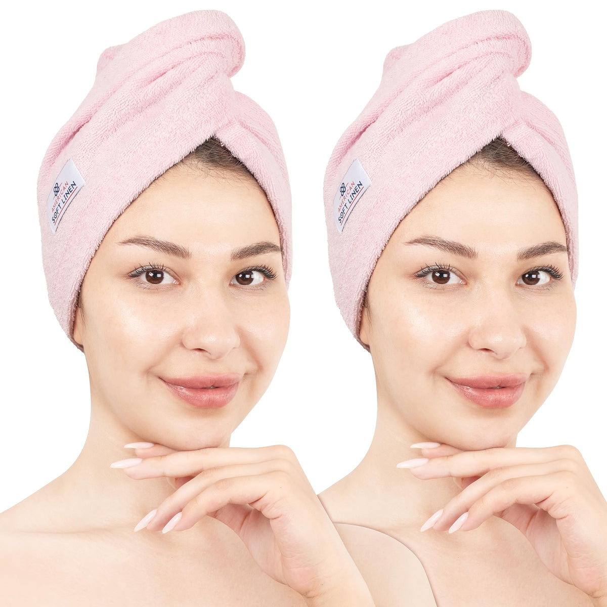 American Soft Linen pink hair towel front view, soft cotton for quick drying.