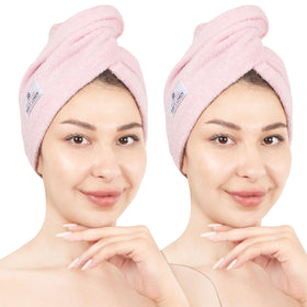 American Soft Linen pink hair towel front view, soft cotton for quick drying.