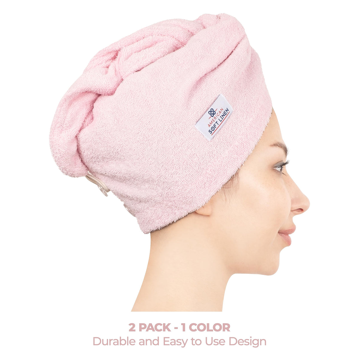 American Soft Linen pink head cap with adjustable two-button closure.