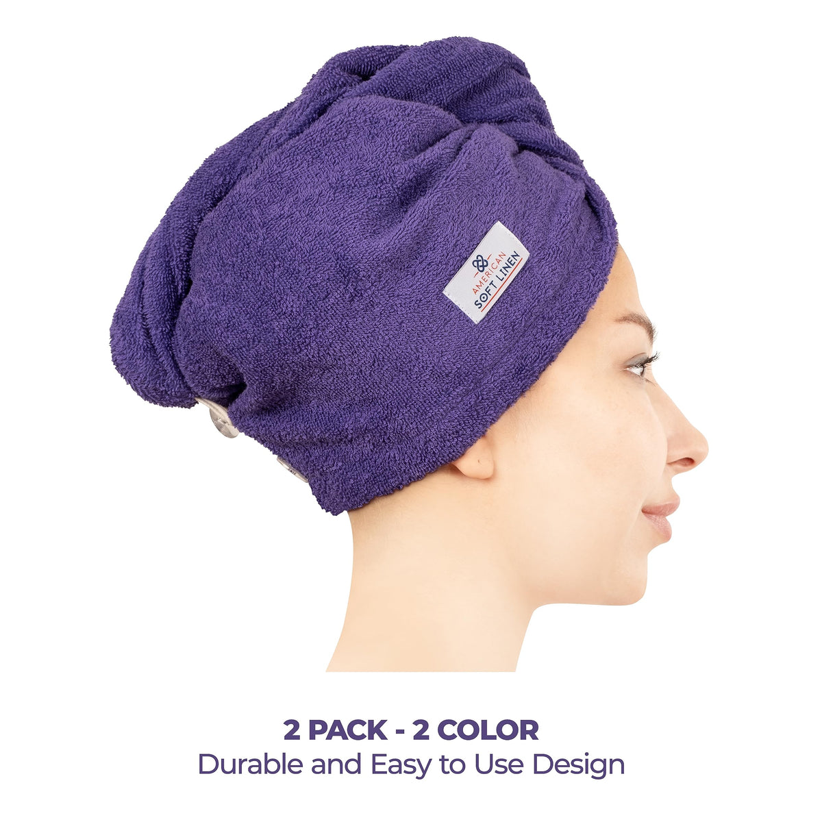 American Soft Linen head towel cap adjustable button for secure fit.