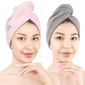 American Soft Linen head towel cap front view in light grey-pink for quick, gentle hair drying.