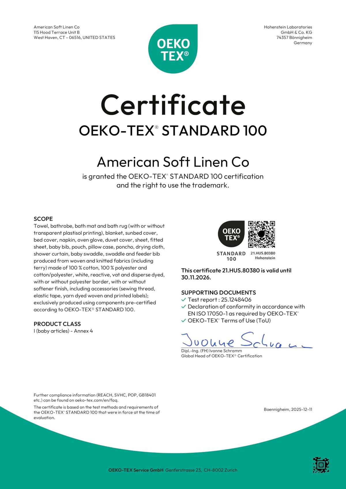 OEKO-TEX certified label on American Soft Linen hair towels.
