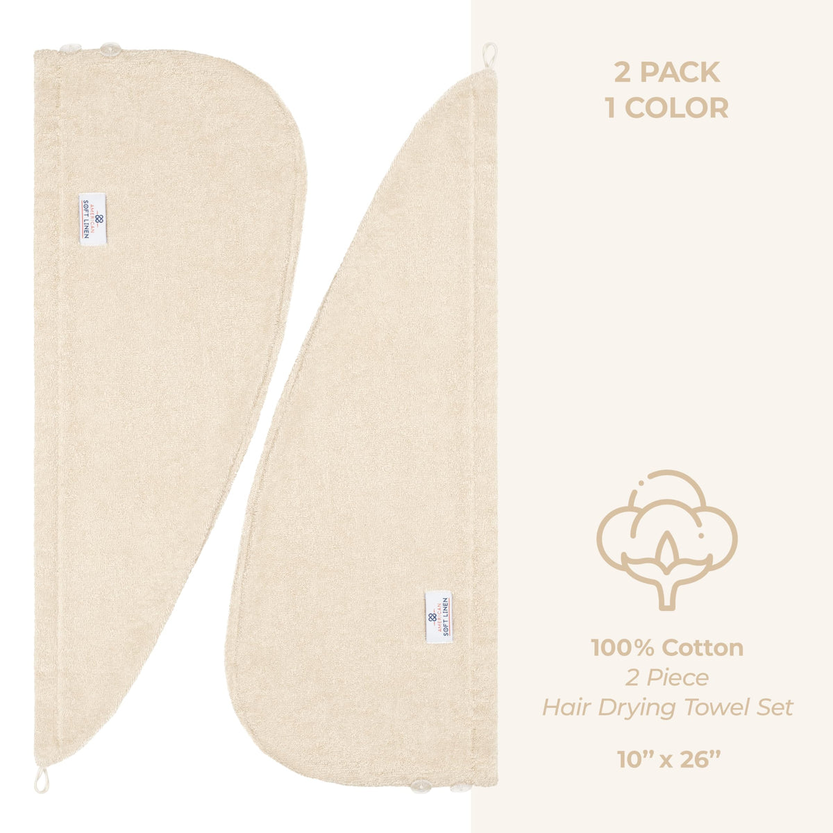 Flat lay of American Soft Linen two-pack beige hair towels for easy pairing
