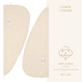 Flat lay of American Soft Linen two-pack beige hair towels for easy pairing