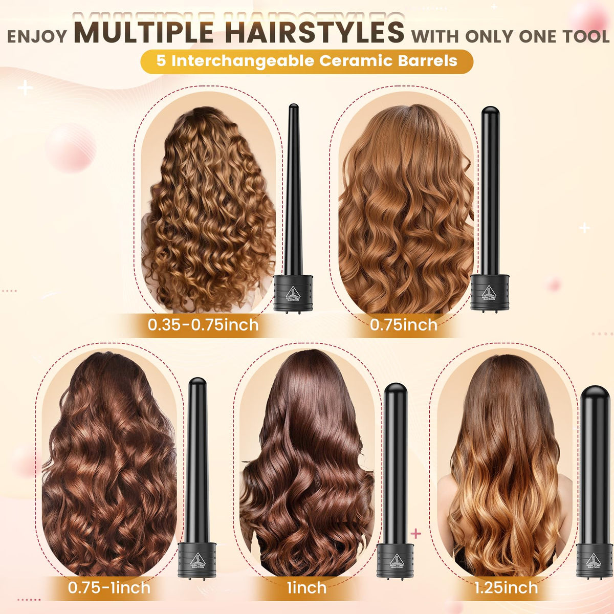 Amgcive ceramic tourmaline barrel 035-075 inch focused on tight curls for day-long definition.