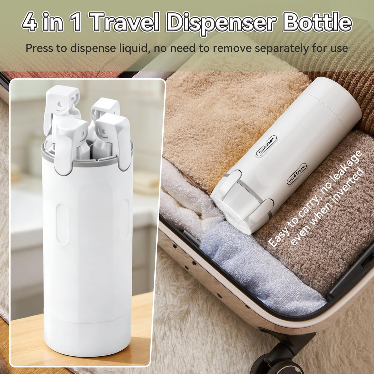 Amiarc 4-in-1 travel dispenser for bodywash with pre-printed label.