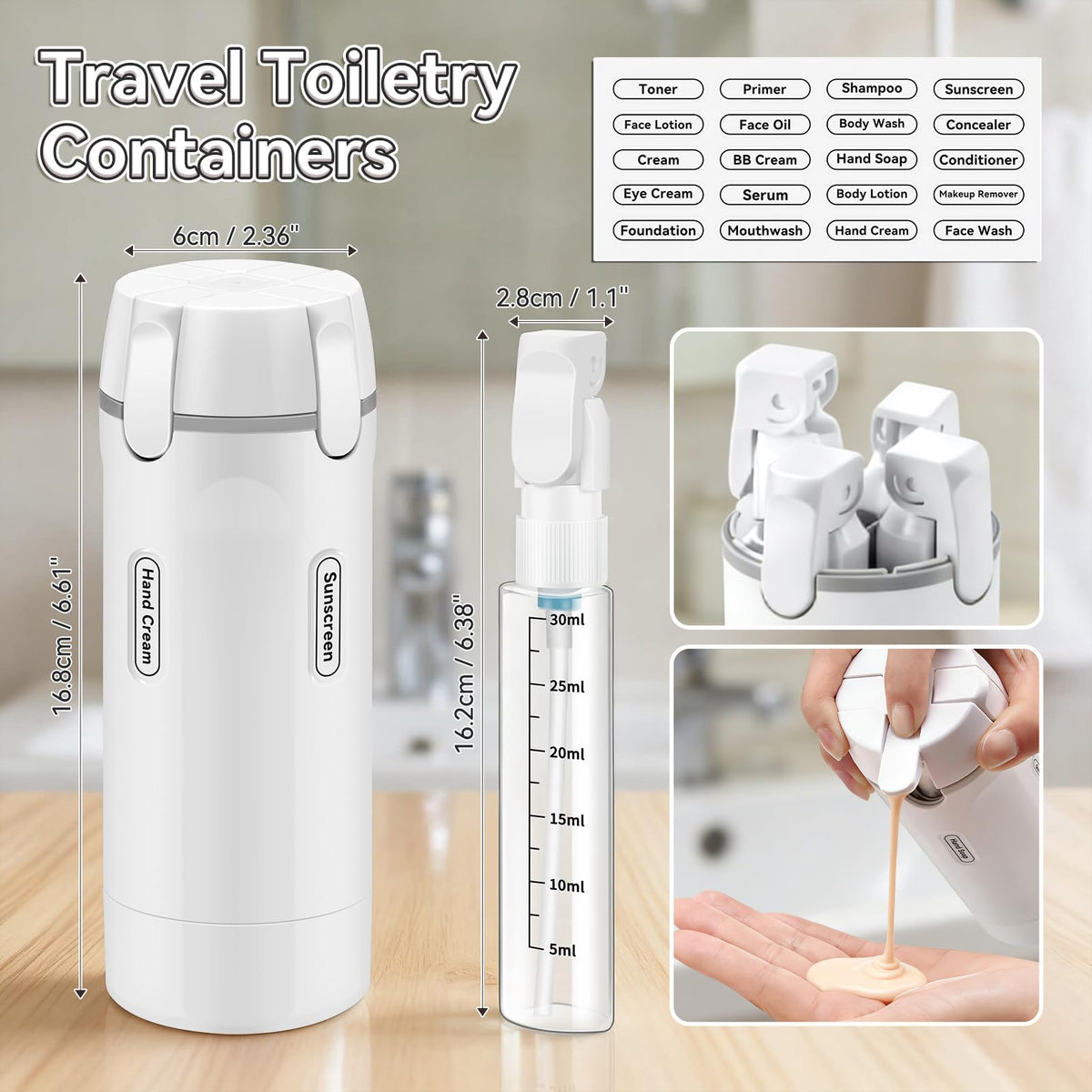 Amiarc 4-in-1 travel dispenser for conditioner with easy-to-read label.