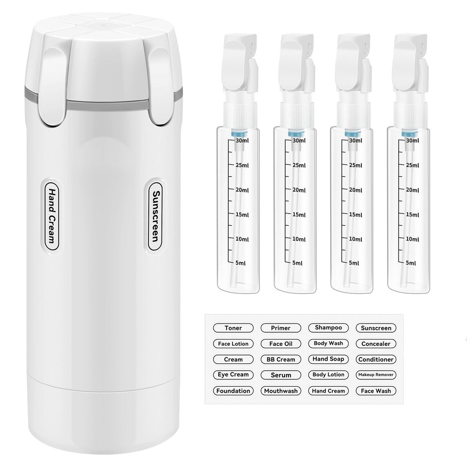 Amiarc 4-in-1 travel dispenser for shampoo with clear label for quick ID.