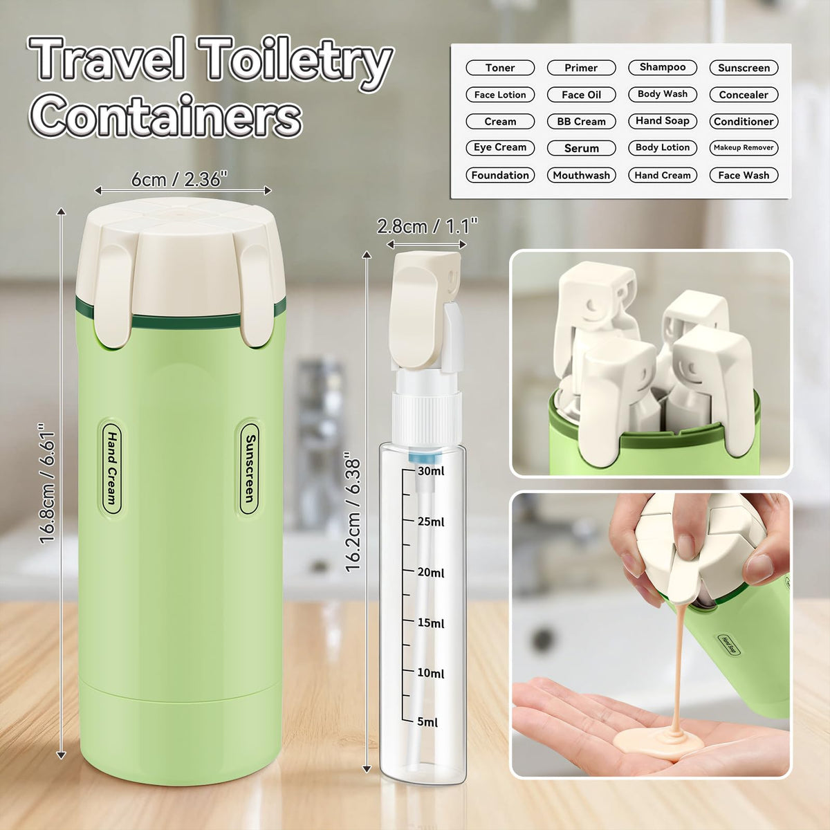 Amiarc compact travel bottles with four-in-one design and labeled contents.