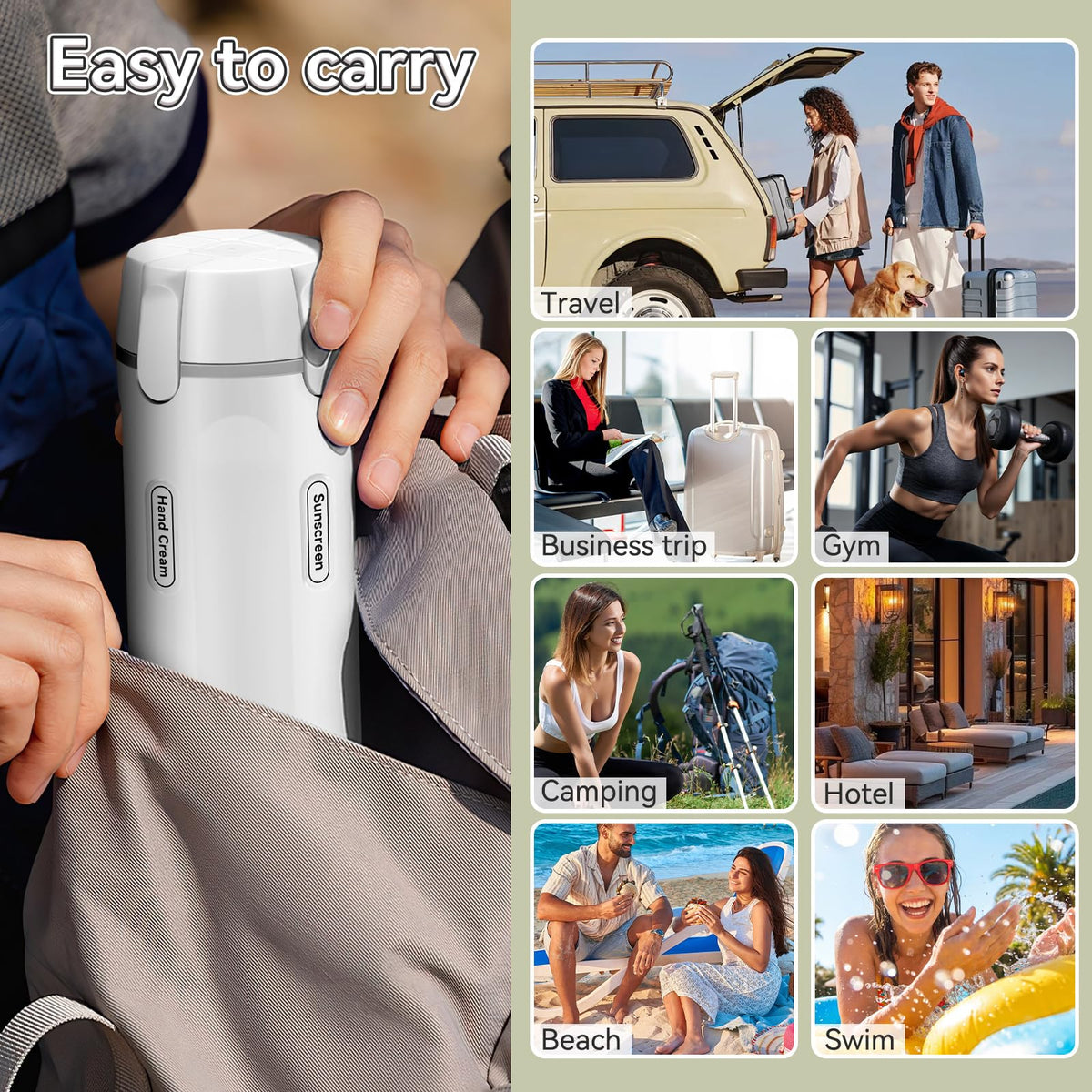 Amiarc compact travel dispenser tucked in a carry-on for travel.
