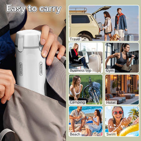 Amiarc compact travel dispenser tucked in a carry-on for travel.