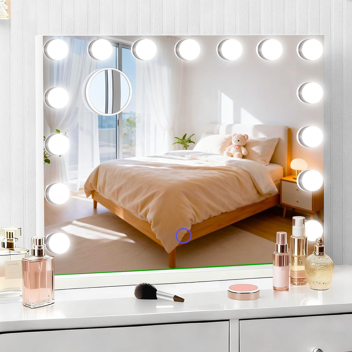 Amifiy Hollywood vanity mirror front view with 15 LED bulbs for bright makeup prep.