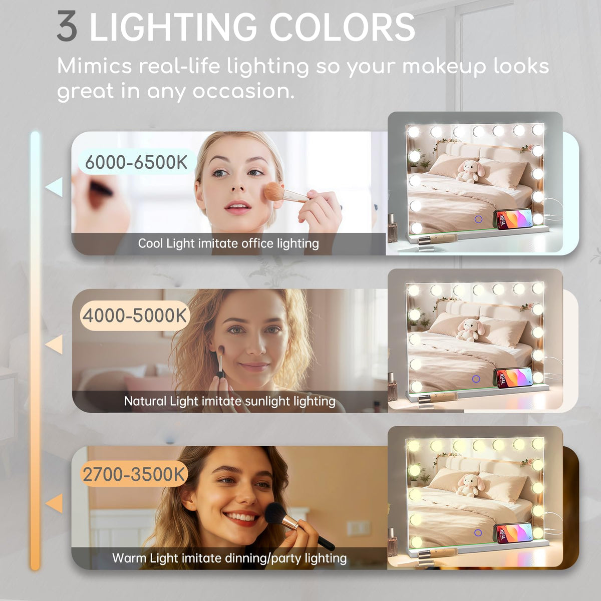 Amifiy vanity mirror shows three lighting modes for customized tones.