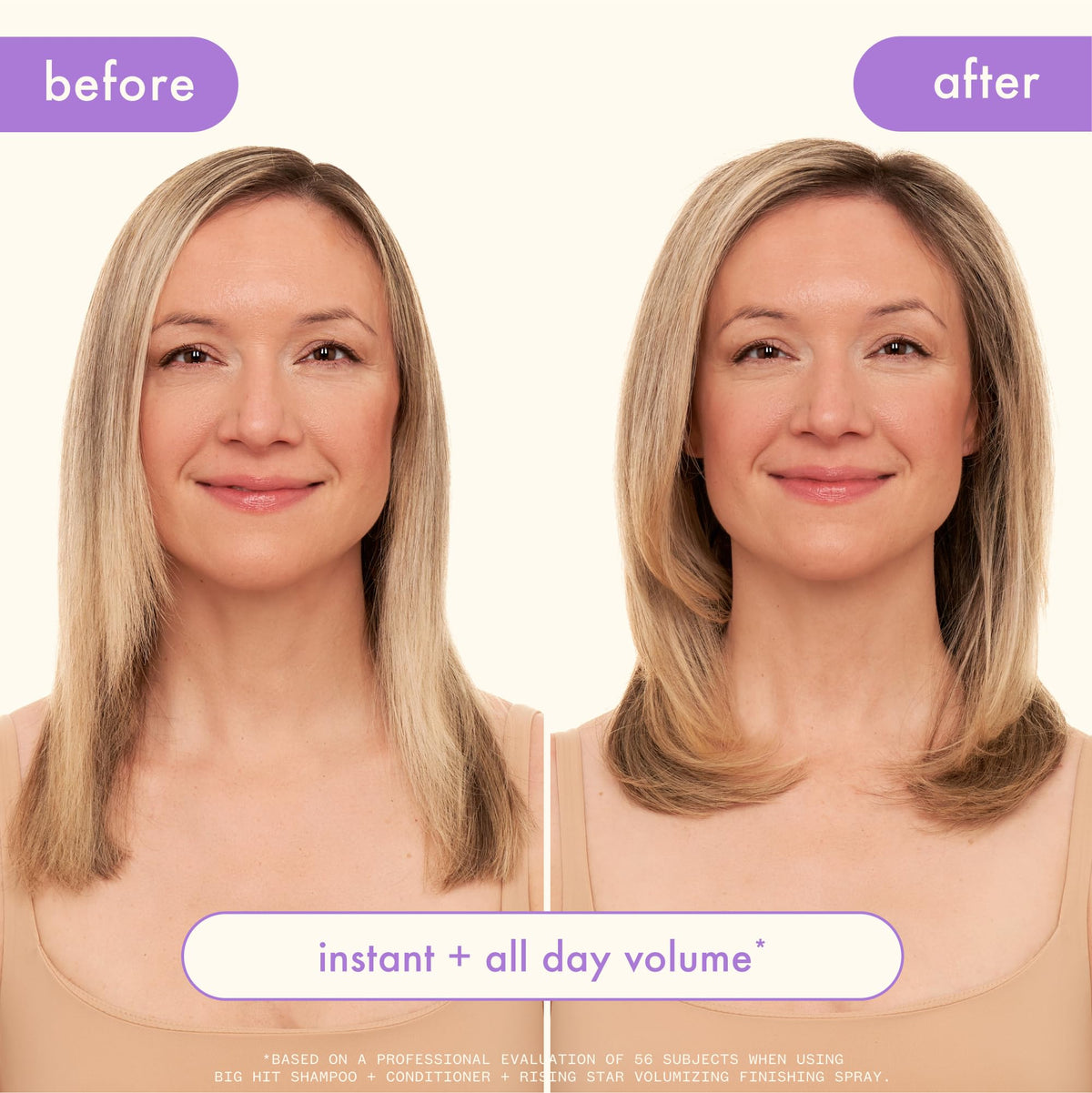 Amika Big Hit hair volume boost shot showing instant lift and bounce.