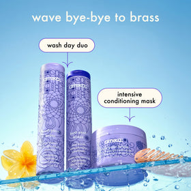 Amika bust your brass cool blonde bottle label focuses on bond fortifying technology.