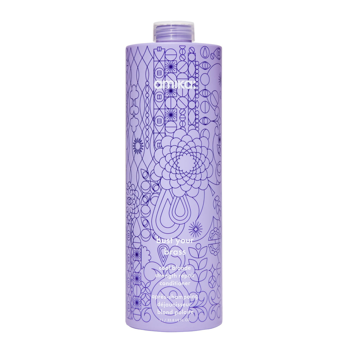 Amika bust your brass cool blonde conditioner bottle pour for controlled application and quick toning.